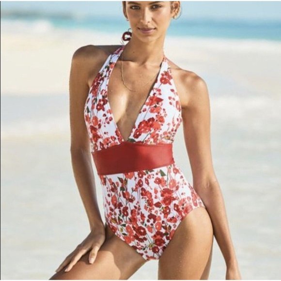 Adore Me One-Piece Floral Print Swimsuit Deep V Halter‎ Women’s Large - Picture 1 of 7
